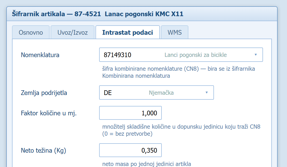 Kartica Intrastat podaci na artiklu