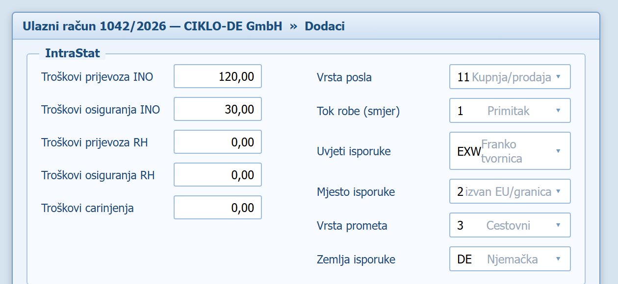 Panel IntraStat na zaglavlju dokumenta